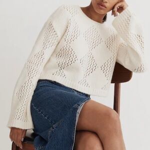 Madewell Diamond Stitch Fuzzy Crop Sweater Cream Pointelle Crewneck Sz XXS